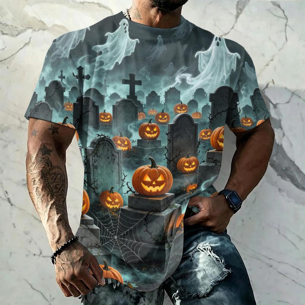 Men Halloween Print Vintage Texture Short Sleeve T Shirt Loose Breathable Summer Sport Street Casual Daily Wear Top