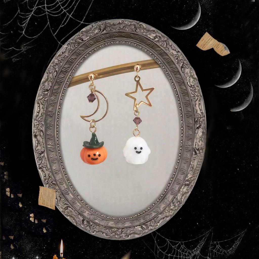 Cute Cartoon Ghost Pumpkin Dangle Earrings for Women Star Moon Asymmetrical Long Tassel Earrings Party Halloween Jewelry Gift