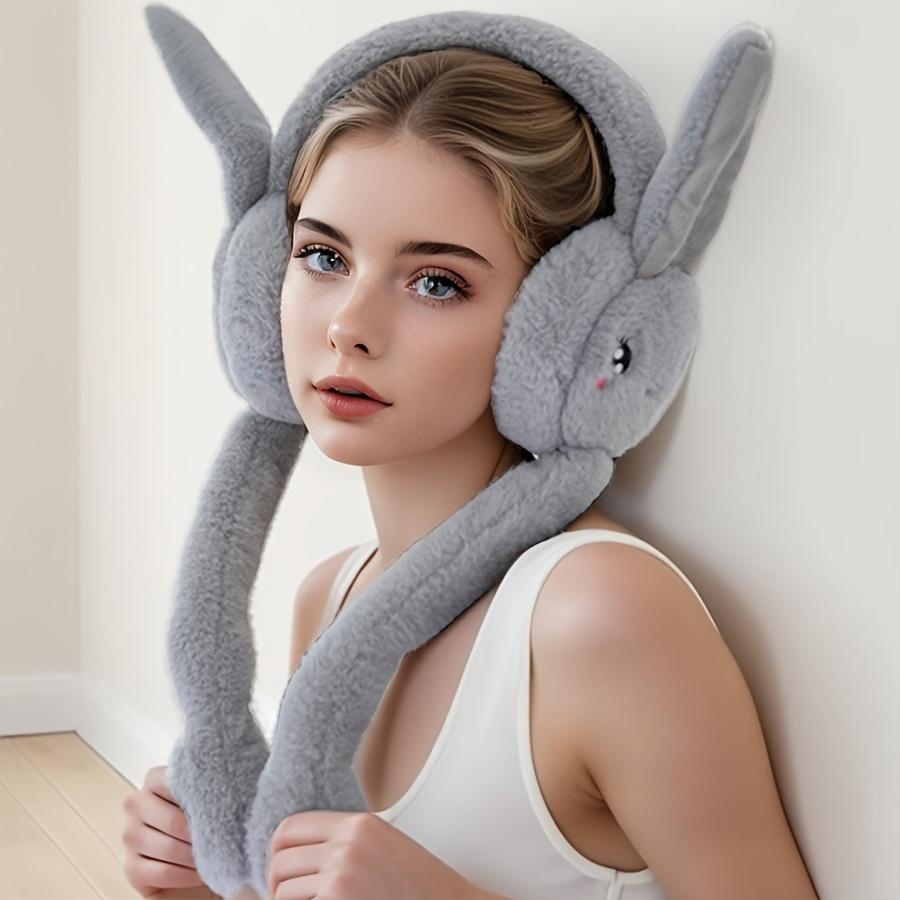 Cartoon Bunny Ear Warmers Plush Knitted Stretchable Polyester Ear Muffs Reusable Cozy Ear Covers for Winter Hand Wash Care
