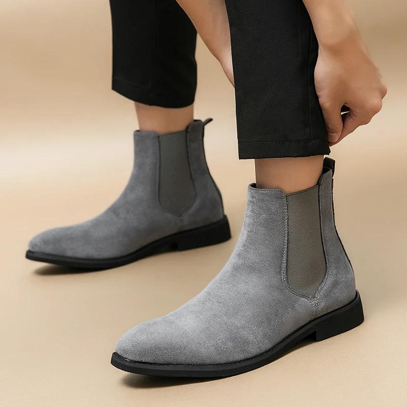 Fashion New Gray Chelsea Boots for Men Flock Business Men Ankle Boots Cowboy Boots Handmade Men Size 38-46 Zapatos De Hombre