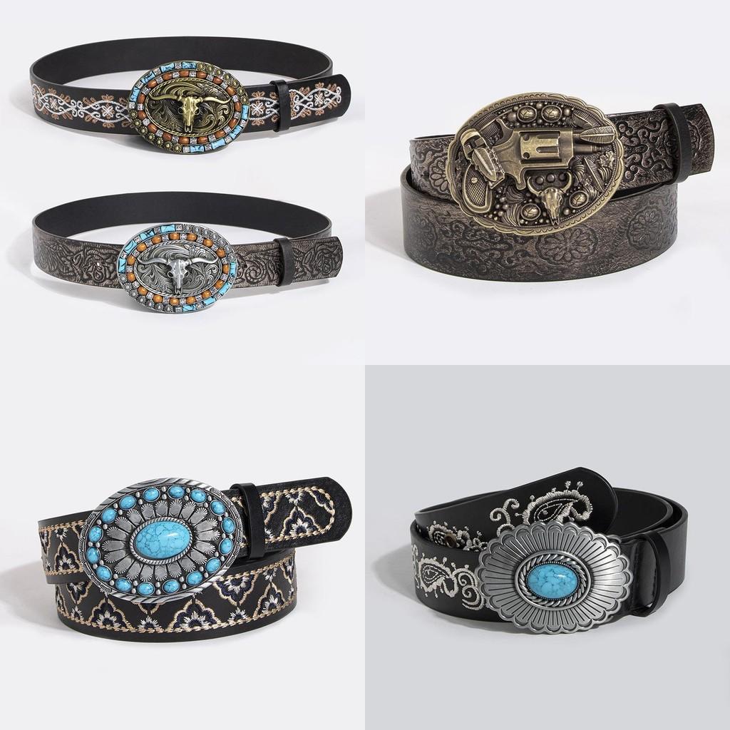 Vintage Turquoise Carved Sheep Head Embroidered Leather Belt For Fashion Enthusiasts