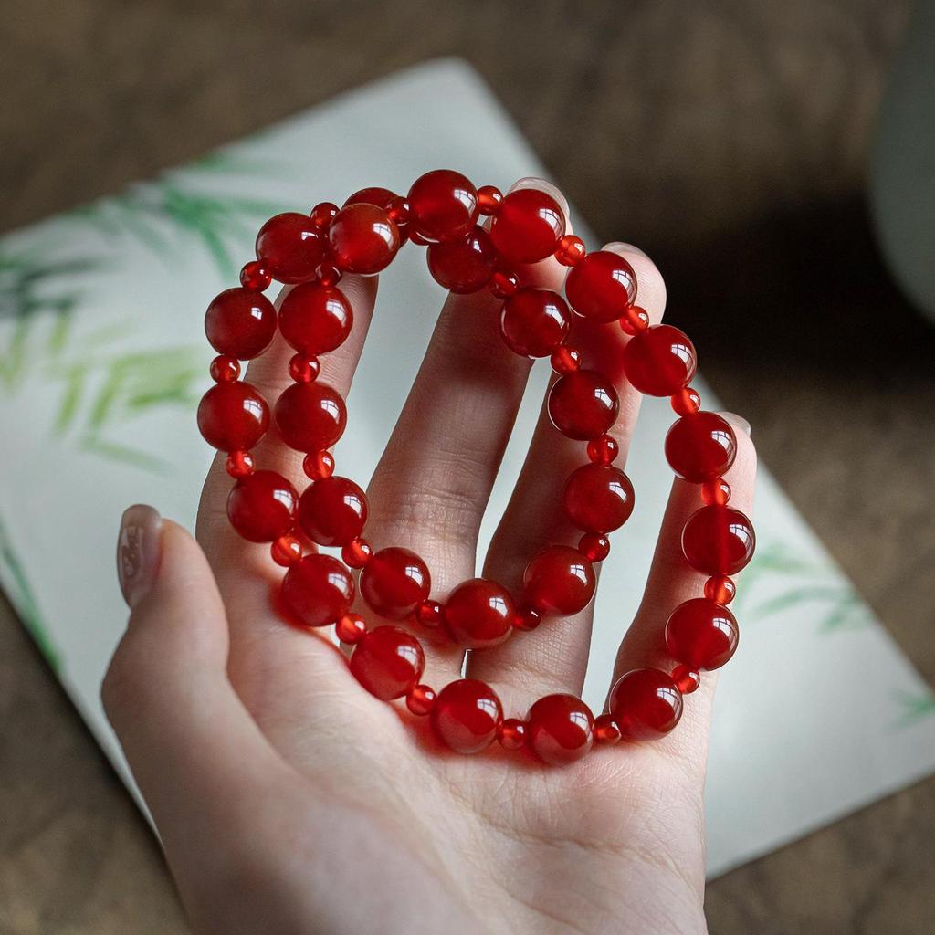 Xu Yan Style Rosy Red Agate Double-Wrap Bracelet, Skin-Brightening Cinnabar Hand String, Zodiac Gift