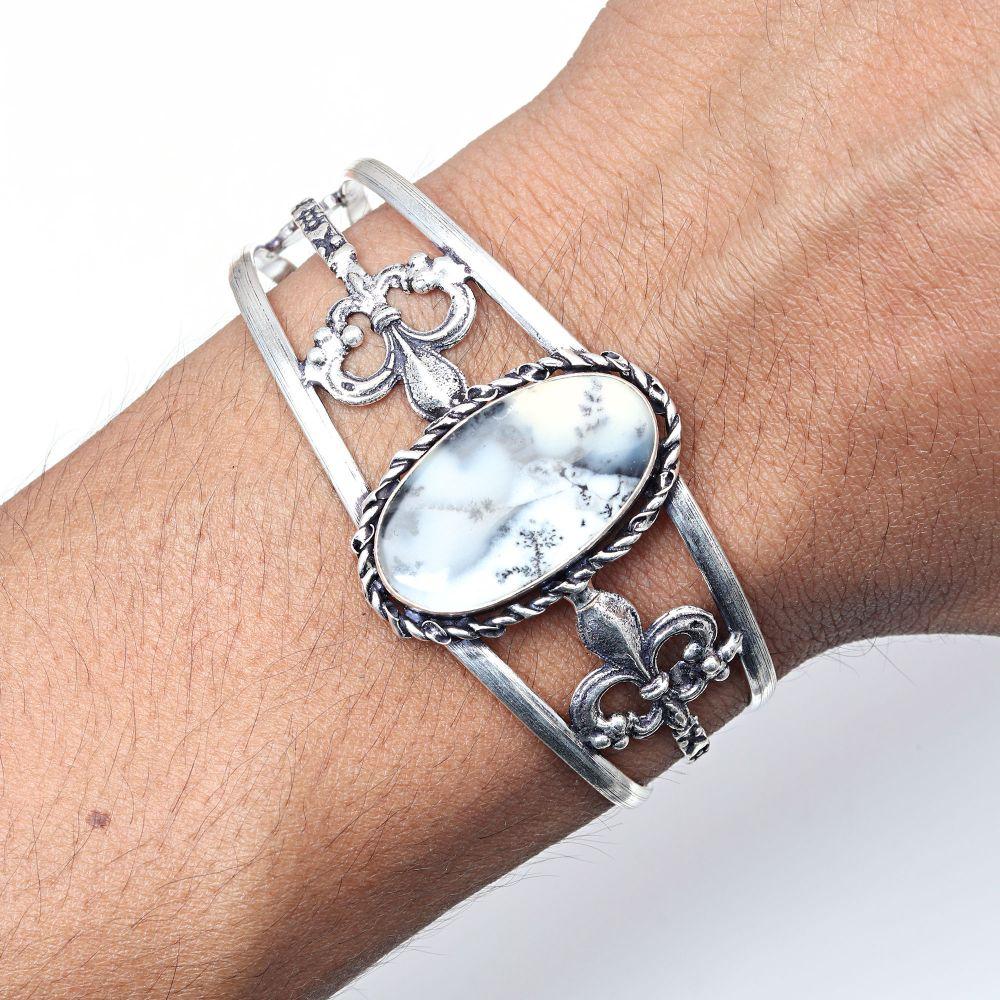 Dendritic Opal Gemstone Handmade Silver Jewelry Cuff Bracelets 7''Adjustable