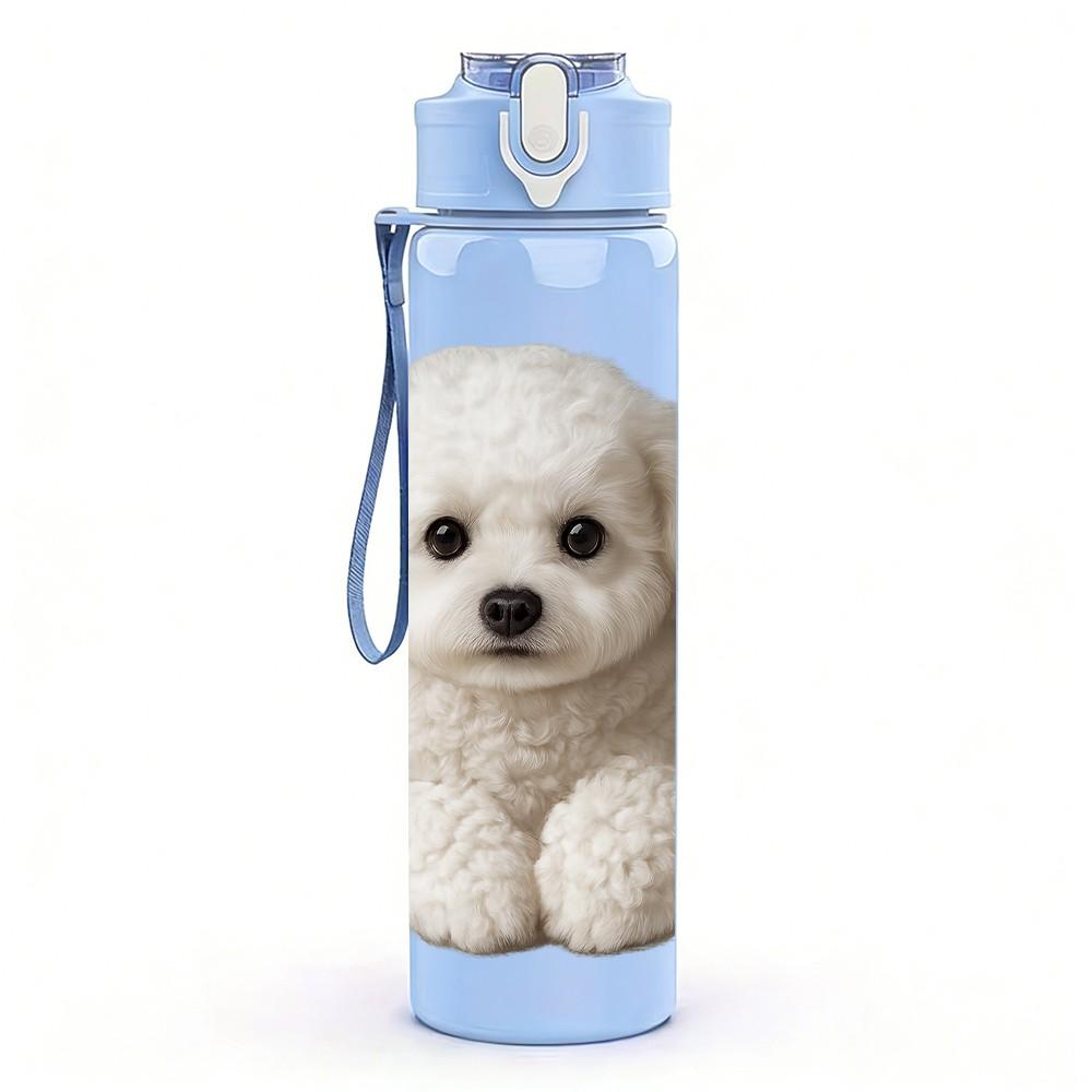 1PC Round Faced White Puppy 750ml Color Plastic Sports Water Bottle Leakproof Flip Straw Lid Suitable for Sports Office Home Use