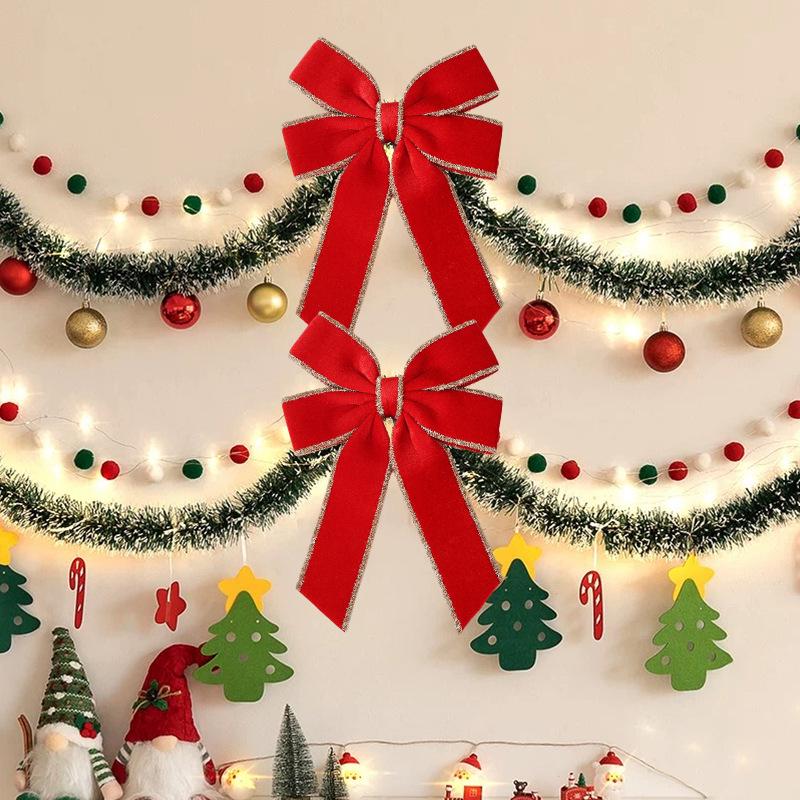 Gold-Edged Double Ear Bow Ornament for Christmas Tree & Window Decoration