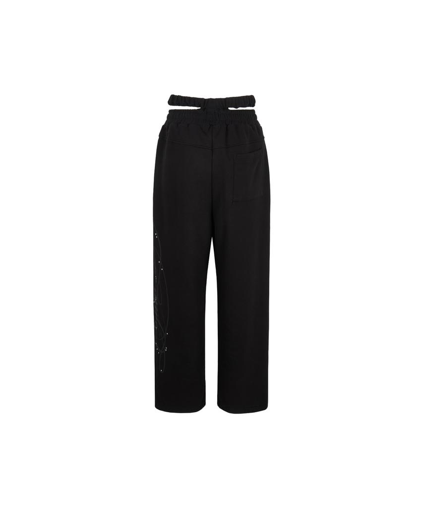 Gillaakaibeu Cut-Out Double Waist Sweat Pants_Black