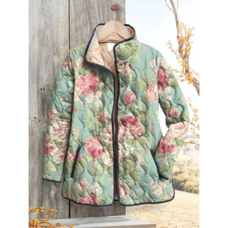 Women's Tropical Leaf Print Quilted Jacket Stand Collar Button Down Contrast Trim Casual Coat