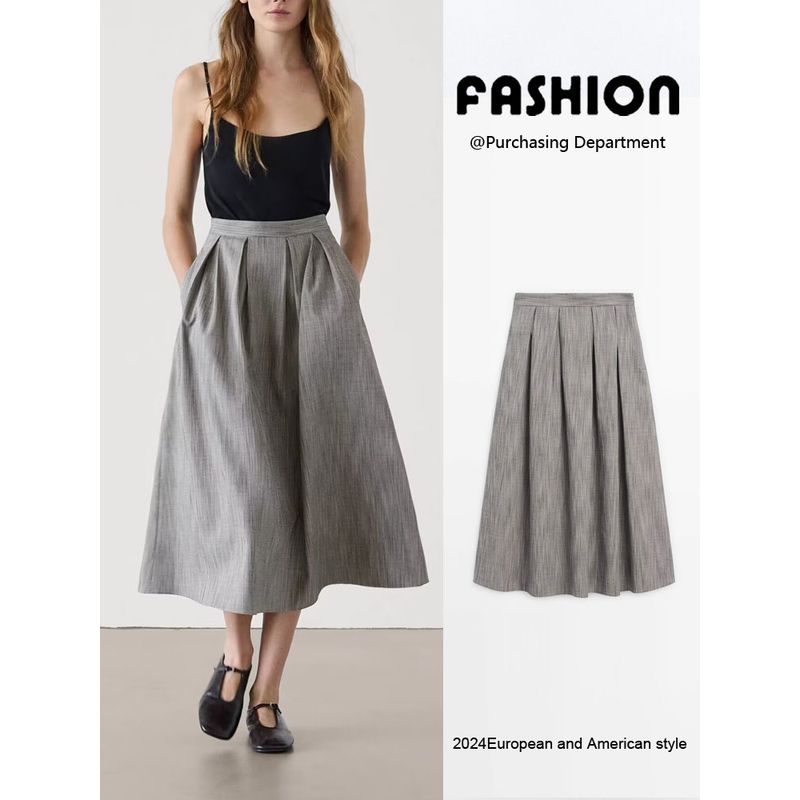 Za2024 Autumn New Women's Clothing Preppy Style Box Pleated Mid-Length Umbrella Skirt Pleated Skirt 05279279 811
