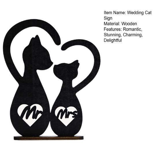 Rustic Mr. & Mrs. Sign Wooden Couple Cat Wedding Sign Romantic Black Cats Snuggling Silhouette Heart Decoration for Wedding Valentine's Day