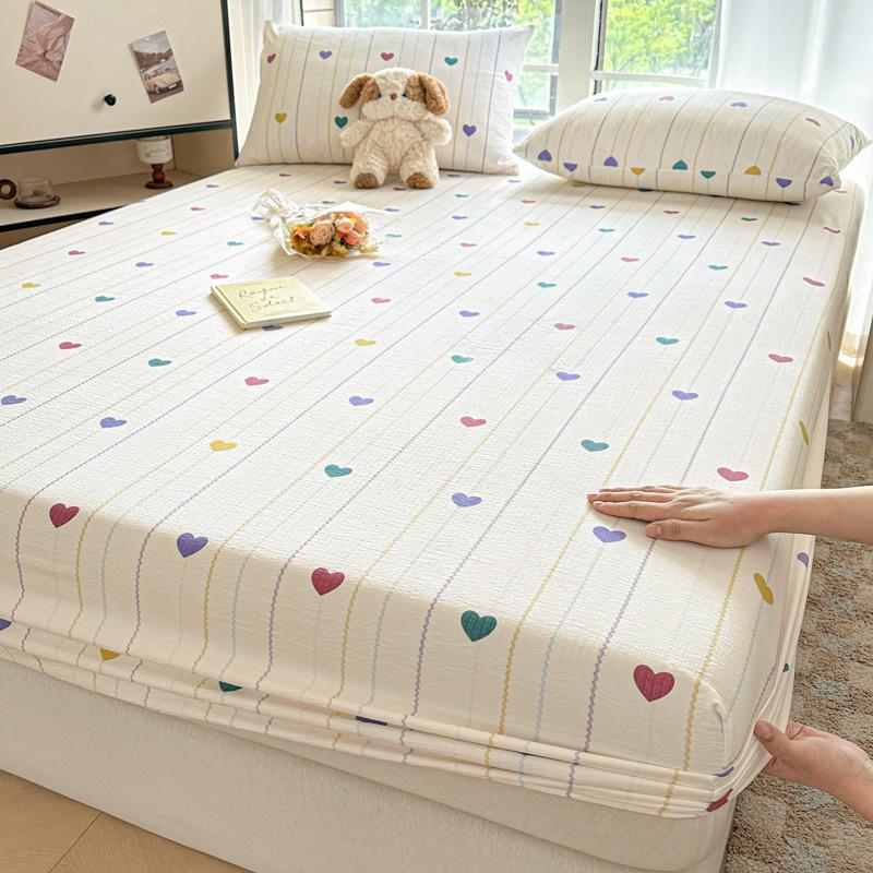 Korean Double-Layer Yarn Fitted Sheet Set Printed Mattress Protective Cover for Naked Sleep Skin-Friendly Dust Cover Kit for Bed