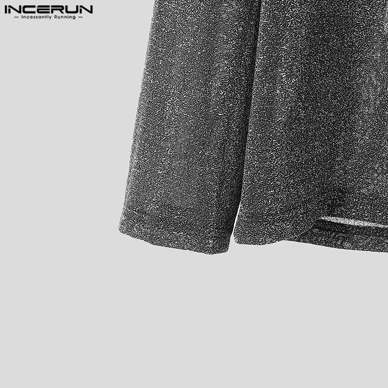 INCERUN Men Cowl Neck Long Sleeve See Through Irregular Tops Glitter Mesh T-shirts