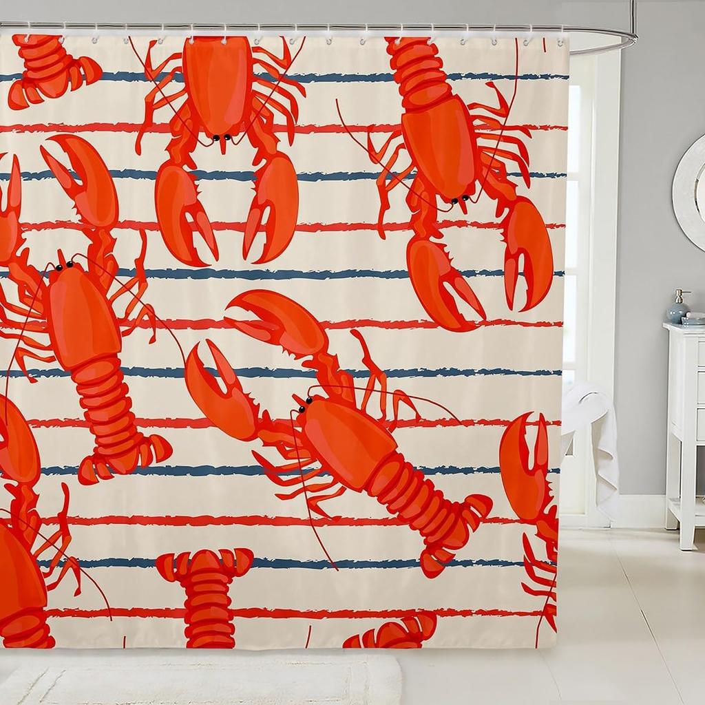 Lobster Shower Curtain Nautical Bathroom Shower Curtain Sets Retro Cartoon Ocean Stripes Marine Life Sea Wild Animals Fabric