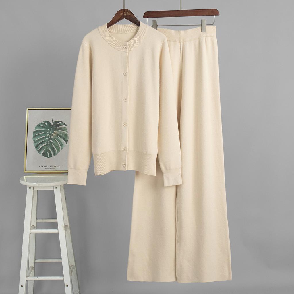 Women's Beige Knit Two-Piece Set Long Sleeve Cardigan and Wide Leg Pants