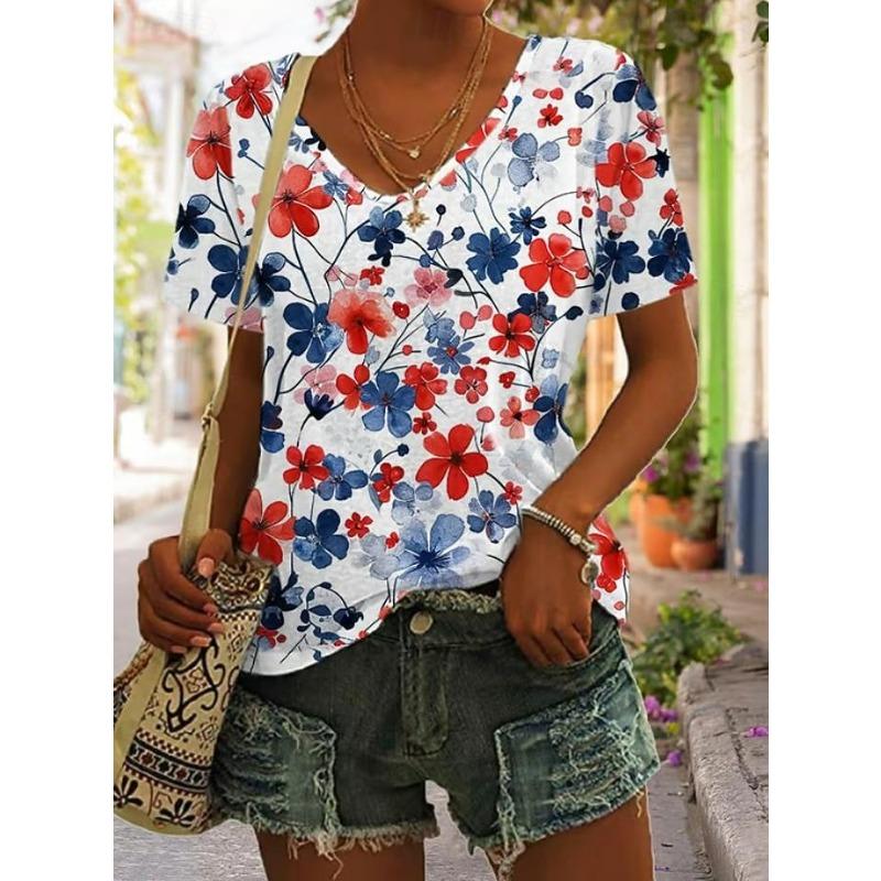 Independence Day Patriotic Women's T Shirt Flag Flag National Flag Casual Red White And Blue Short Sleeve