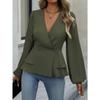 Damen einfarbiges doppelreihiges langärmliges Oberteil mit elegantem V-Ausschnitt und plissiertem Design, geeignet für Dates und Arbeit, kombiniert
