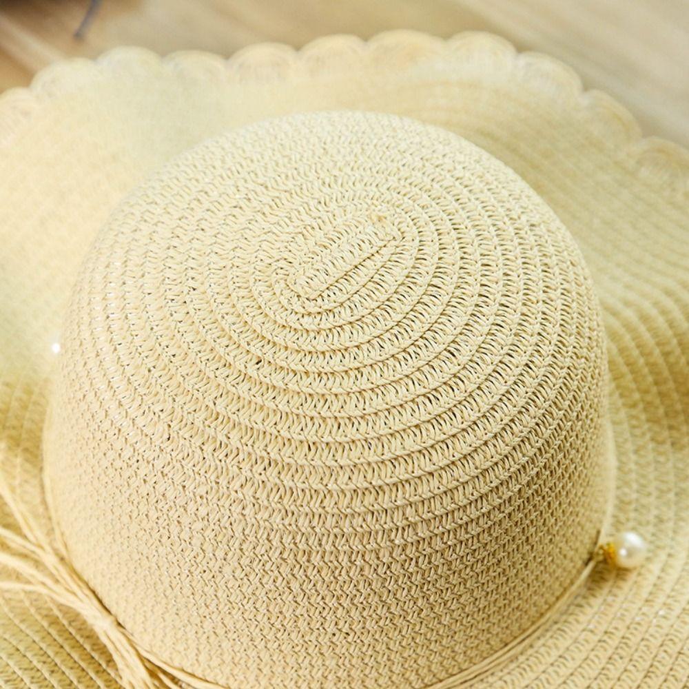 French Style Pearls Strap Straw Hat Wide Brim Women's Sun Hat Ins Folding Straw Hats  Girls