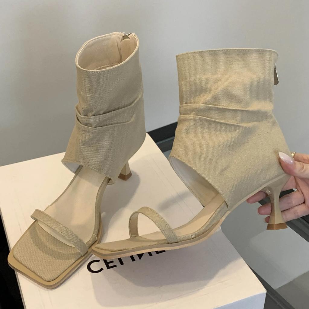 Eilyken New Design Summer Hollow Out Zipper Women Ankle Boots Sandals Square Toe Thin Low Heels Ladies Shoes