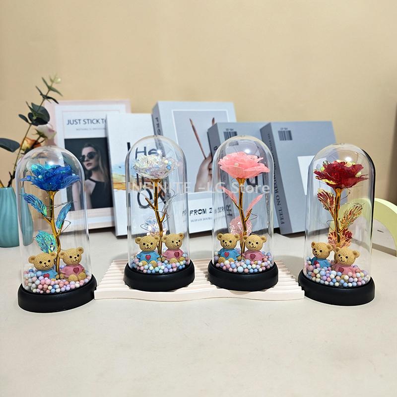 Unending Flower Glass Lamp with Plastic Enclosure Night Light, Accompanied by a Bear Gift for Girlfriend on Valentine's Day