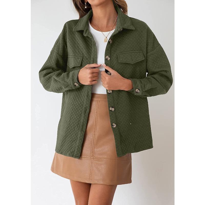 Womens Solid Color Diamond Pocket Casual Buttoned Collared Jacket