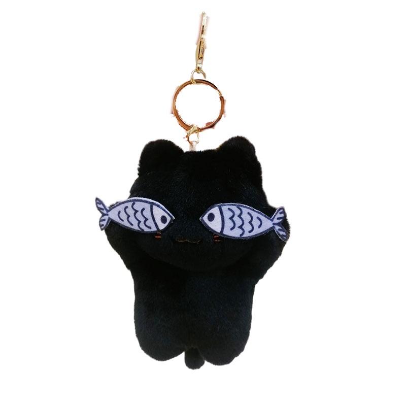 Cute Plush Cat Keychain With Mischievous Fish Design Backpack Ornament Key Ring BlackD