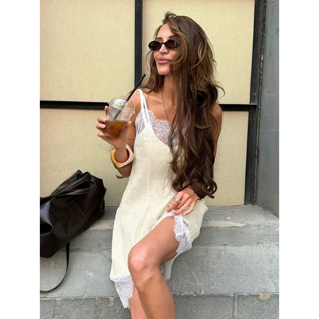 Vestido Camisola de Encaje con Empalme Nuevo de Verano Vestido Slip Elegante y Perezoso con Ribete de Encaje para Mujer Estilo Europeo Americano
