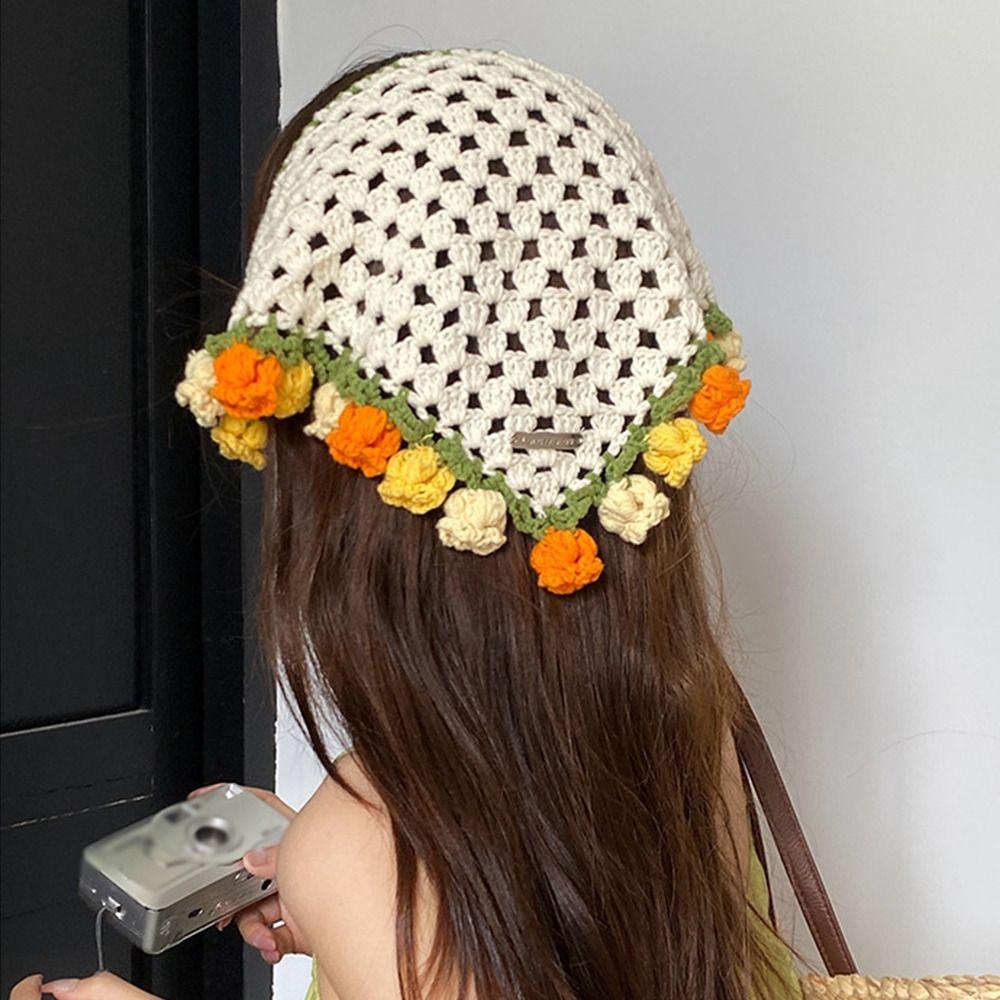 Floral Triangle Turban Flower Crochet Bandana Vintage Knitted Headband  Girls