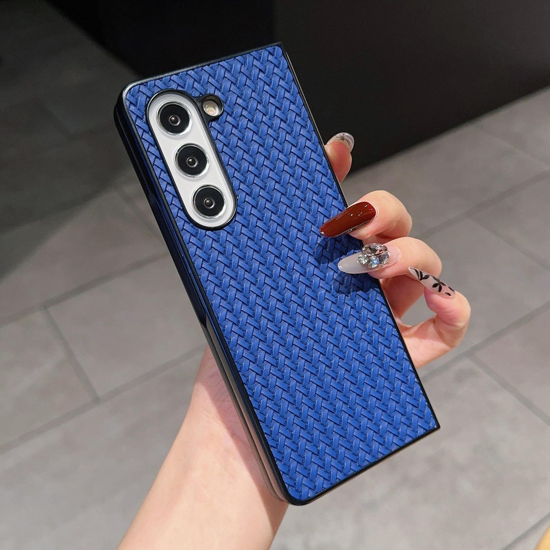 

For Samsung Galaxy Z Fold5 5G Case Woven Texture PU Leather Coated PC Phone Cover Blue