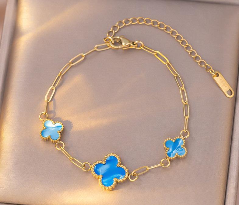18K Light Luxury Titanium Steel Clover & Triple-Flower Bracelet with Mother-of-Pearl for Women
