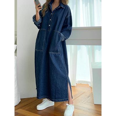 Vestito in denim con coulisse coreano allentato da donna, elegante, con spacchi, da donna, elegante, blu, tascabile, Corea