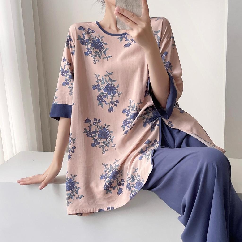 Hanfu pajamas women's spring summer new Chinese-style cotton and silk suit cotton silk medium-sleeved loose loungewear can be worn thin