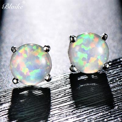 Luxury Jewelry Exquisite 6MM Round White Blue Green Fire Opal Stud Earrings For Women Silver Color Wedding Party Jewelry Gifts