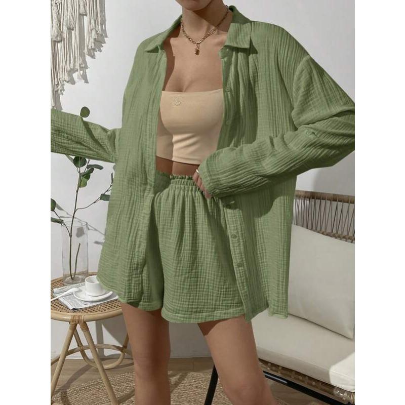 Women's Spring and Summer Fashion Solid Colour Long-sleeved Shirt Suit Women Casual Loose Shorts Two-piece Set