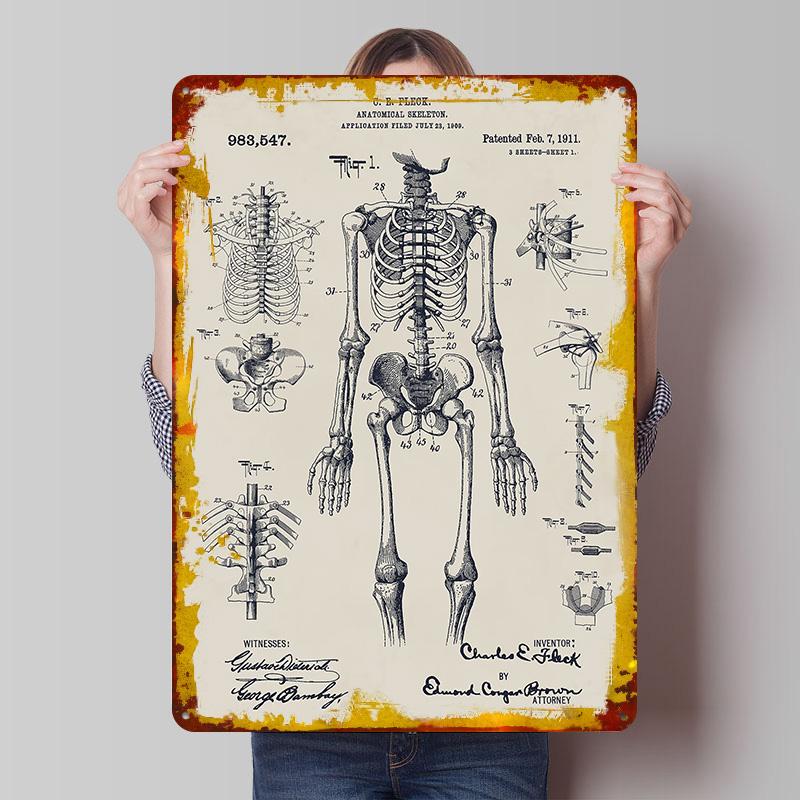 Human Skeleton Patent Print Metal Poster Customized Wall Art Retro Vintage Tinplate Signs for Coffee Bar Accessories House Decor