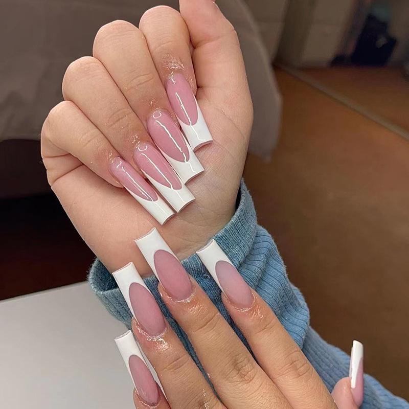 Накладные ногти Розовые длинные балетные Накладные ногти Французские с белым краем Маникюр накладные ногти