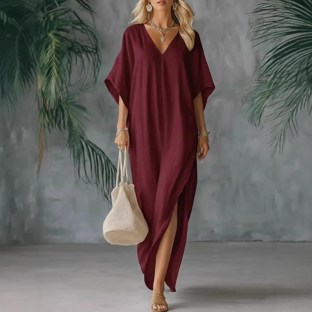 Long Sleeve V-Neck Flowy Maxi Dress with Side Slit In Multiple Colors