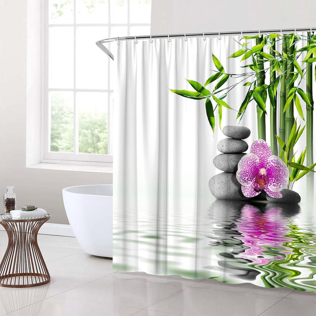 Zen Shower Curtains Green Bamboo Purple Flower Stone Reflection Water Landscape Spa Garden Pattern Print Bathroom Accessories