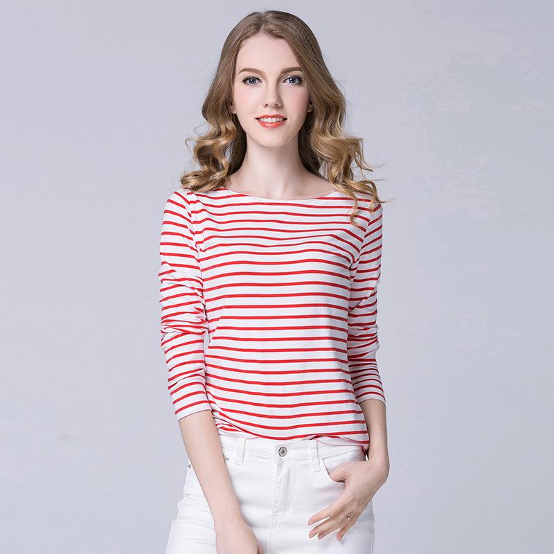 2023 Spring Women's One-Shoulder Black & White Striped Long Sleeve T-Shirt