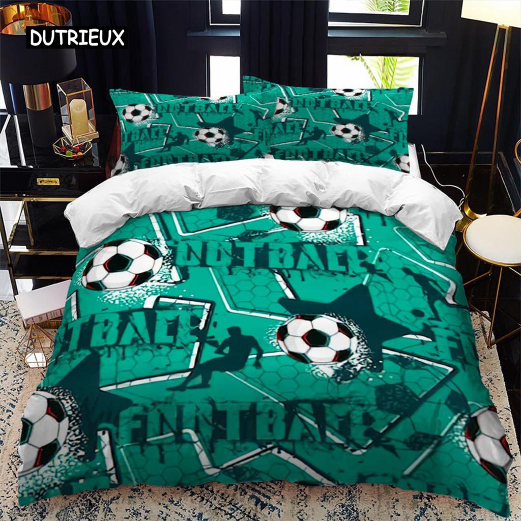 Soccer Duvet Cover Set 2/3pcs FootBall Print Bedding Set with Comforter Cover and Pillowcases Ball Theme for Kids Teens Adults