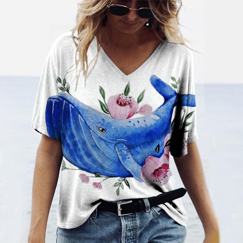 Summer V-neck 3D Ocean Printed Top Fashionable Casual Short Sleeved Women's T-shirts