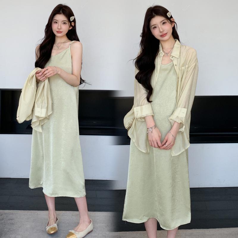 2026 Spring/Summer Maternity Sun Protection Shirt & Skin-Friendly Camisole Dress Set - French Gentle Style Large