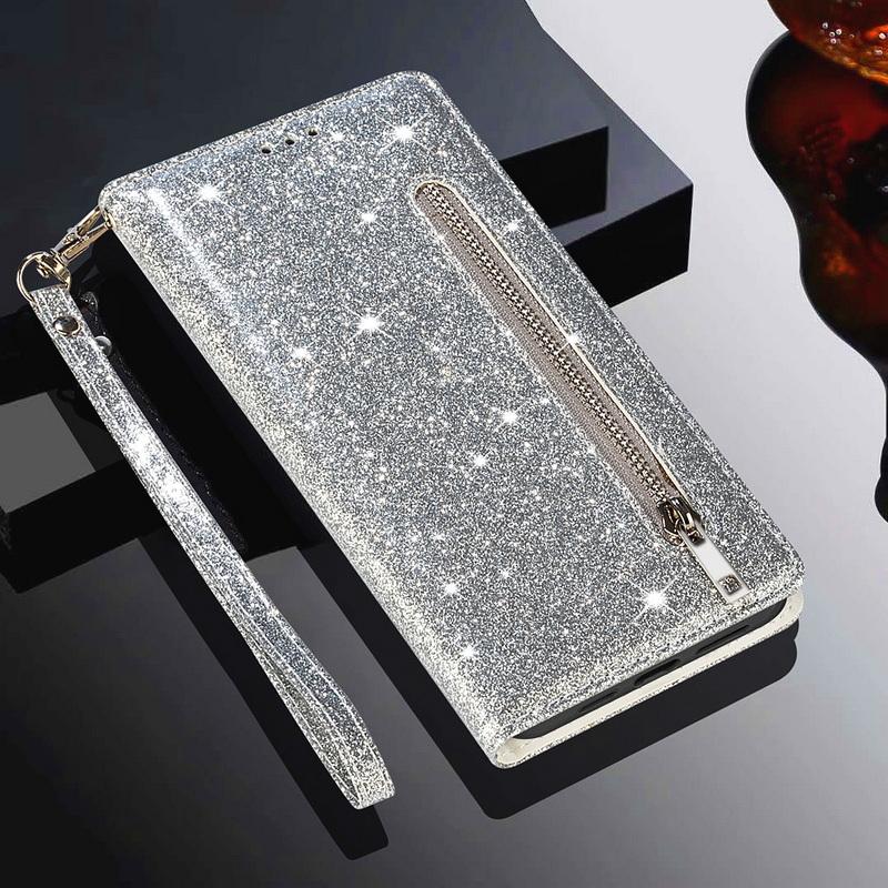 Custodia a Portafoglio Flip in Pelle con Zip Glitterata Per Samsung A57 A37 A17 A56 A36 A26 A16 A55 A35 A25 A15 A54 A34 5G S21 FE S22 S23 S24 Plus S25 Edge S26 Ultra