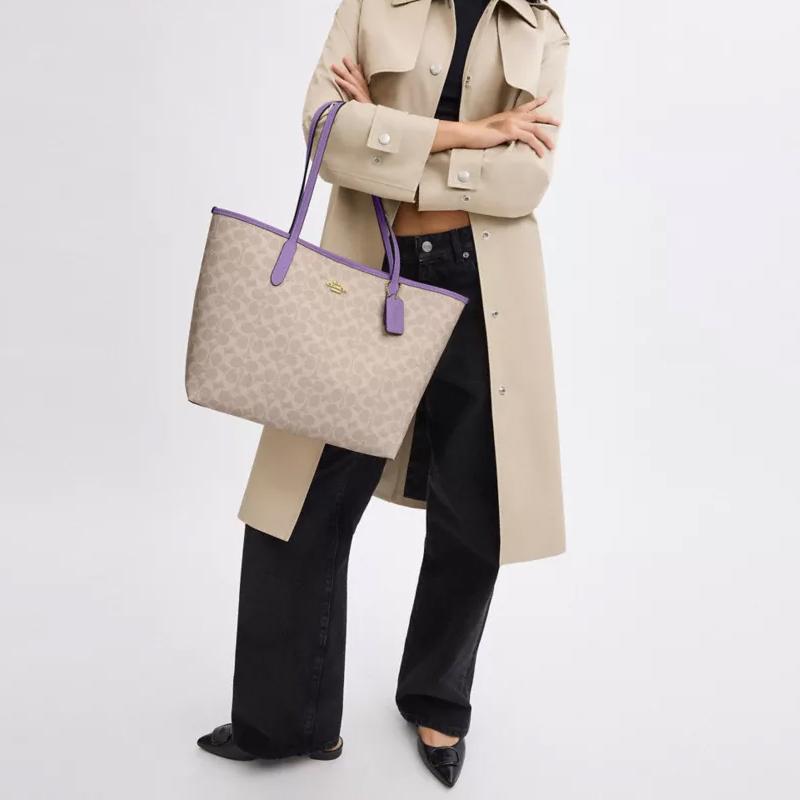 Coach City 33 Logo Print Coated Canvas Tote Bag Women tote bags Beige Purple CV976-IMY1K
