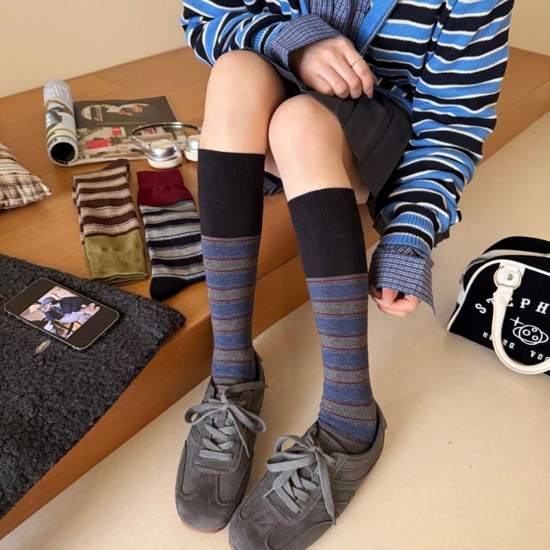 Color-block socks for women, autumn/winter vintage color-blocked striped calf socks, INS trendy Melard long leg cuff socks