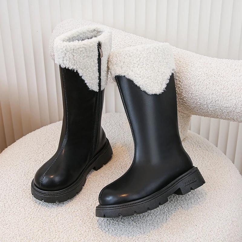 2024 Children High Boots for Girls Winter New Fashion British Style Soft Bottom Anti-slippery Versatile Leather Shoes with Fur
