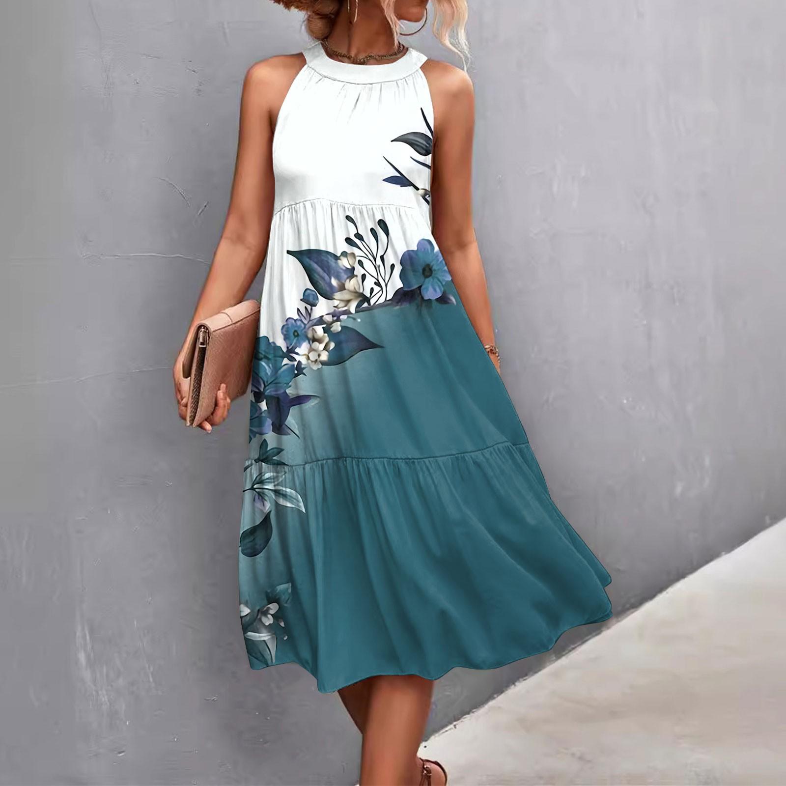 

Жіночі літні без рукавів суцільні кольори з друкованими вільними зрощеннями повсякденні пляжні сукні з висячими горловинами XL