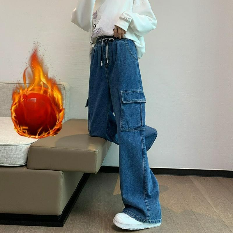 Dámské džínové kalhoty nadměrné velikosti s nářadím, rovné široké nohavice, volné s vysokým pasem, délka až na zem, tenké