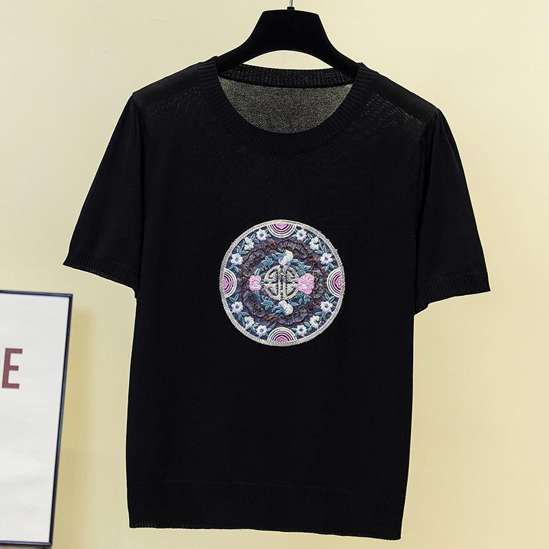 Chinese Style Ice Silk Sweater for Women New Summer Women's Thin Short-sleeved T-shirt Chinese Style Round Neck Top