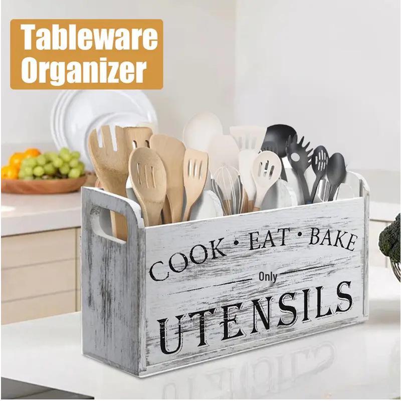 Cutie de Depozitare Tacâmuri din Lemn Masiv cu Aspect Distresat pentru Cuțite, Furculițe și Bețișoare - Organizator de Masă pentru Restaurant
