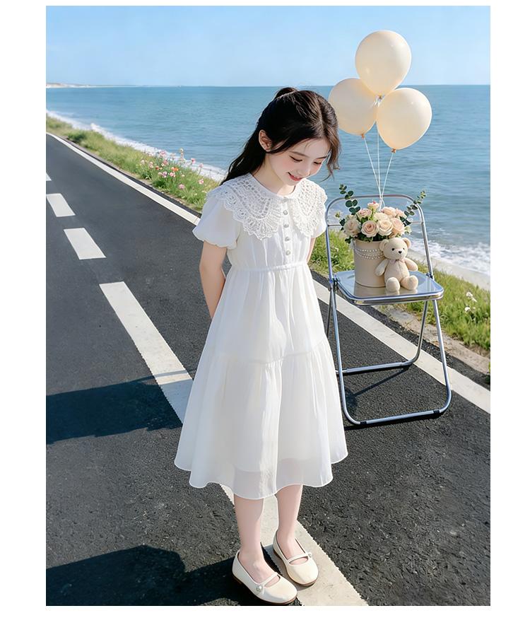 Girls' Summer White Lace Doll Neck Bubble Sleeve Mesh Dress