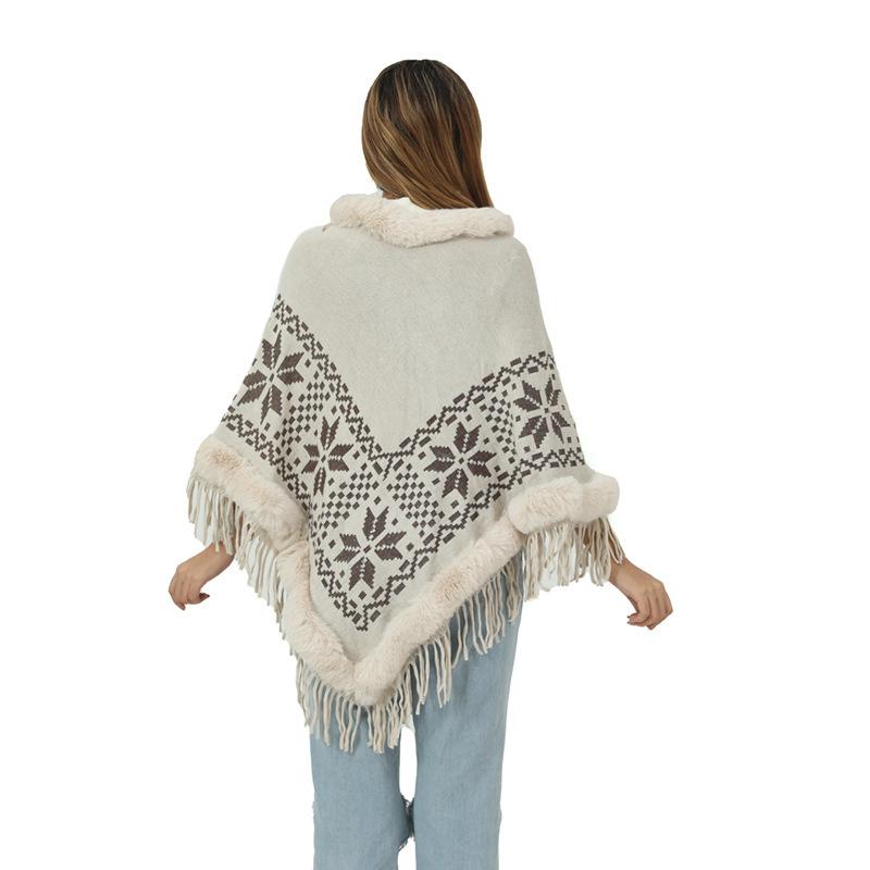 Cape Shawl Knitted Shawl Fur Collar Beaded Fringed Hem Sweater Women